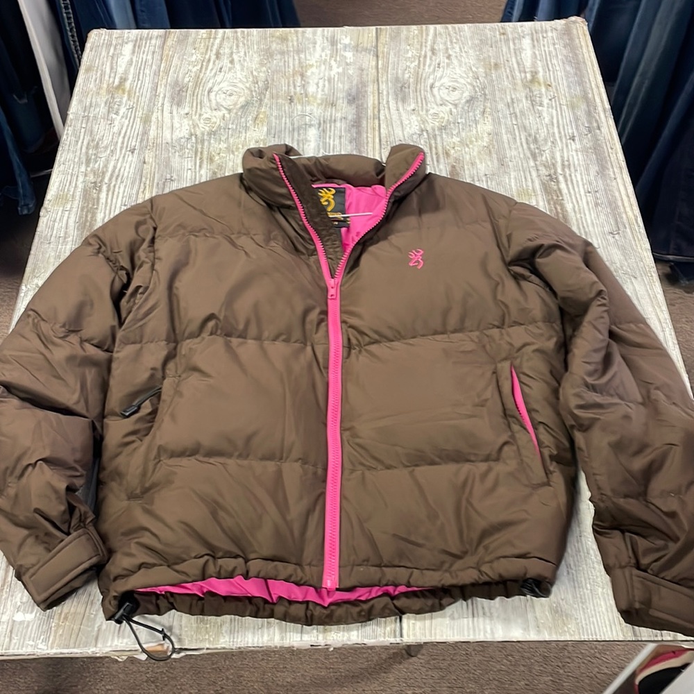 EUC BROWNING DOWN PUFFER JACKET - WOMENS  BROWN & HOT PINK SZ S|P